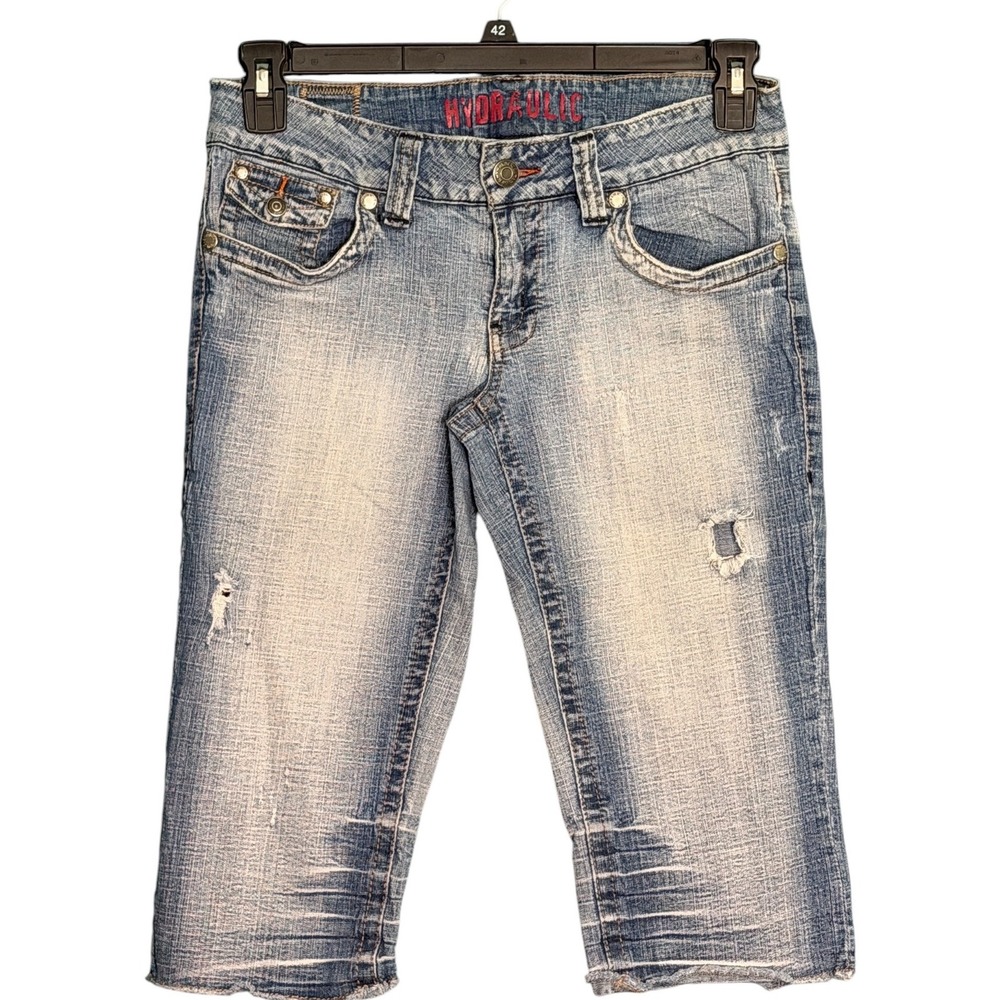 Hydraulic Denim Capris Womens 7/8 Blue Distressed Y2K Low Rise Flap Pocket